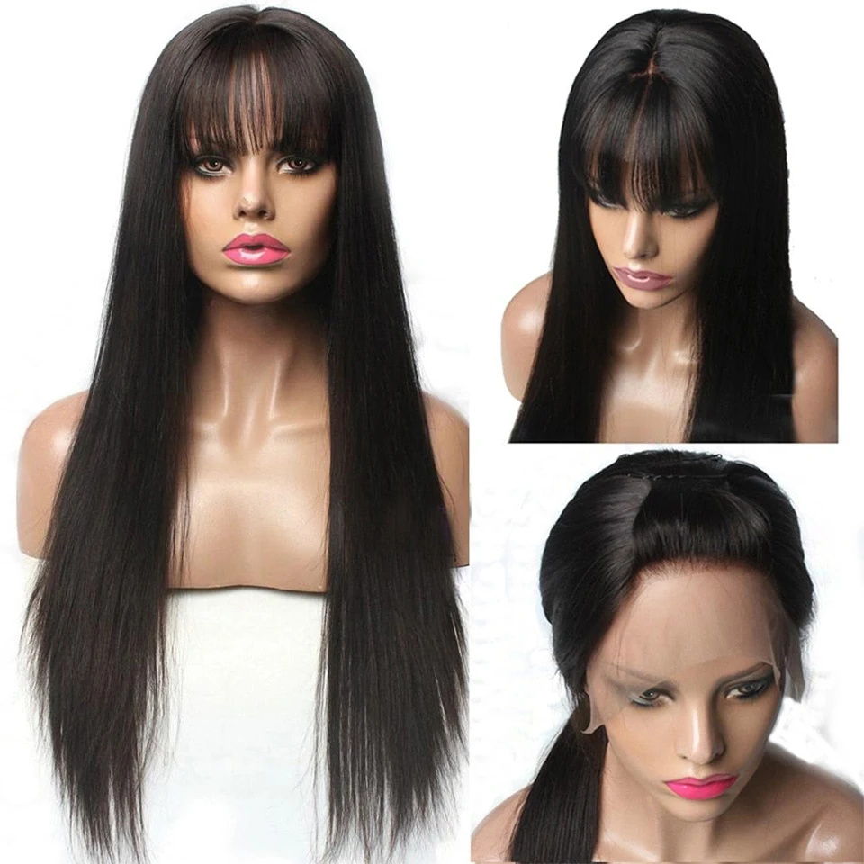 Pelucas rectas de cabello humano con flequillo, encaje frontal 13x4, 4x4, 13x6