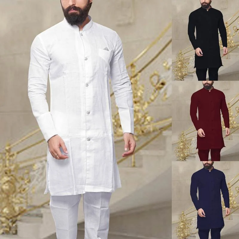 

Medieval Long Shirt Men Pure Color Small Stand Collar Retro Middle Age Men's Clothing Autumn Fashion Thickened Fleece Lined