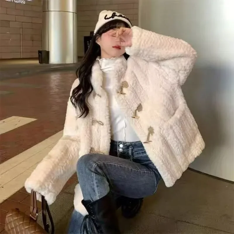 White Women Horn Button Faux Fur Coat Fashion Long Sleeve Warm Spring Autumn Jacket Slim Overcoat Tops Outfit Streetwear New