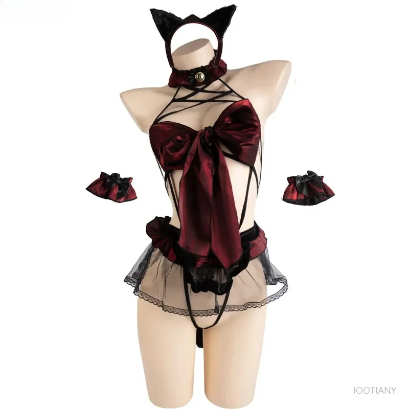 

Anime Vampire Cat Bow Sexy Lingerie Tail Cosplay Costume Halloween Night Plush Cat Girl Roleplay Women Temptation Pajama Outfits