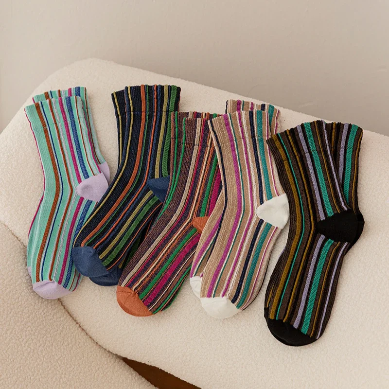 Retro Socks Ethnic Japanese Fashion Cotton Middle Tube Socks Women Multicolor Striped Vintage Streetwear Casual Long Socks