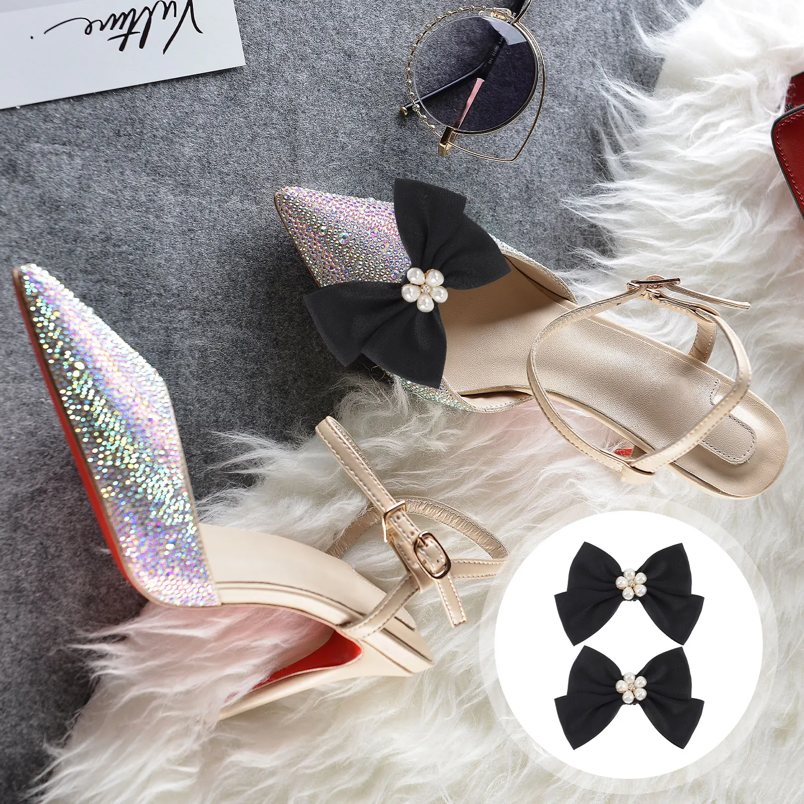 

Elegant Bow Shoe Clips Pearls Decor Pumps Cloth Metal Lightweight Daily Party Wedding Black Easy Apply Remove Shoe Accessories