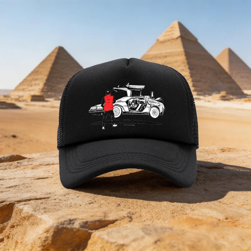2026 All-Season Unisex Lightweight Mesh Baseball Cap, Featuring a for Man in a Red Vest and Winged Car Graphic, Outdoor  Duckbil