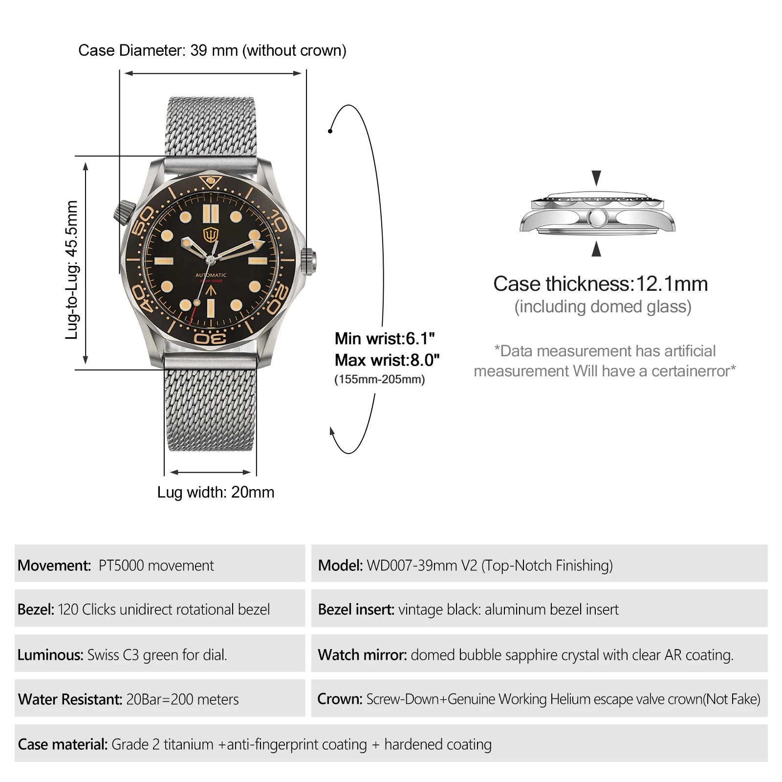 Watchdives Wd007 V4 39Mm NTTD Automatic Watch PT5000 Mechanical Titanium AR Sapphire 200M Dive Luminous Men Vintage Wristwatch view 5