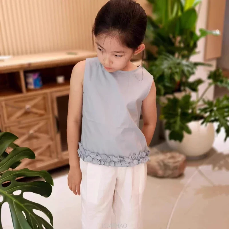 

Girls Lace Sleeveless Top + Tencel Linen Pants 2PC Set Japanese Daily Wear Comfortable Summer Style Kids Casual Outfit Holiday