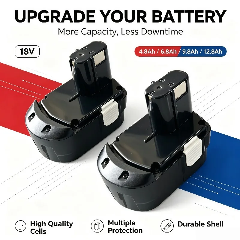 Cordless Power Tools 18V NI-MH Battery, High Capacity 4.8/6.8/9.8/12.8Ah EB1812S EB1814SL EB1820L EB1824L EB1826HL