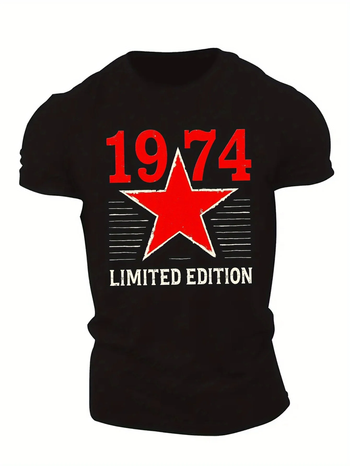 Camiseta Negra de Manga Corta para Hombre, Edición Limitada 1974, con Estampado de Estrella Roja y Letras, Cuello Redondo de Algodón, Corte Regular, Informal, para Verano