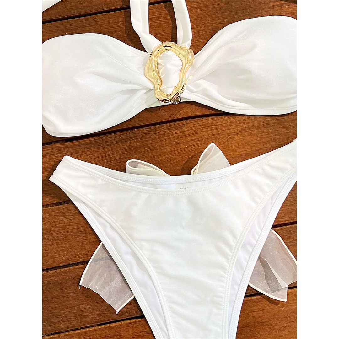 Metallring-Neckholder-Bikini, brasilianischer Stil, Damen-Badeanzug, zweiteiliges Bikini-Set, gepolsterter Badeanzug, Badebekleidung, Modell V6807. – Detail 12
