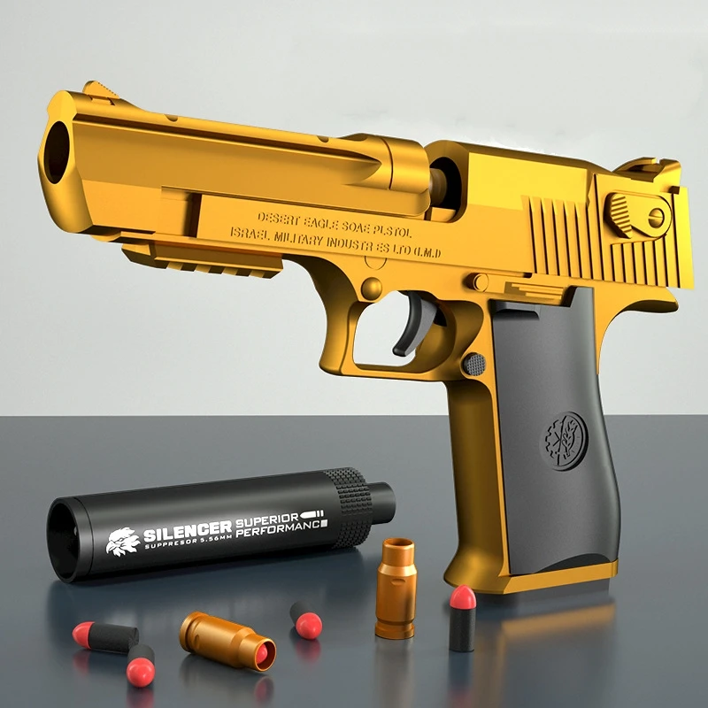 Golden Desert Eagle Soft Shell Bullet Toy Arma, Arma de combate ao ar livre, Brinquedo com silenciador, Glock Simulação, Modelo de pistola para crianças