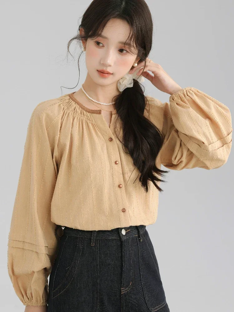 French Vintage Lace Patchwork Blouse for Women, Autumn Floral Lantern Sleeve Splicing Loose Slim Fit Round Neck Top Spring Autum