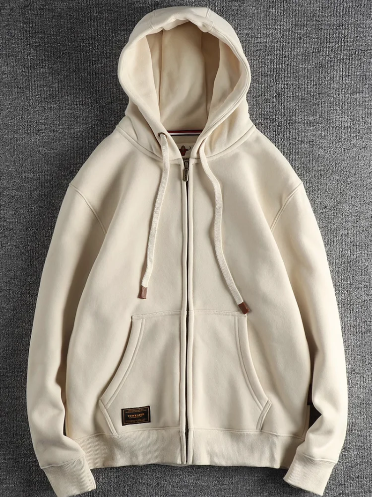 Autumn Winter American Retro Heavyweight Long Sleeved Hooded Hoodies Men\'s Simple Thickened Velvet Casual Cardigan Sweatshirts