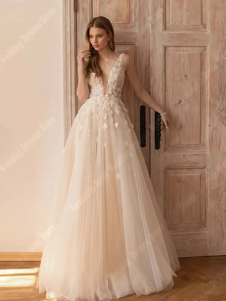 Vestidos De Novia con escote en V para mujer, Vestidos De Novia fascinantes y brillantes, túnicas De dobladillo transparentes y esponjosas, escote en V personalizado, espalda descubierta