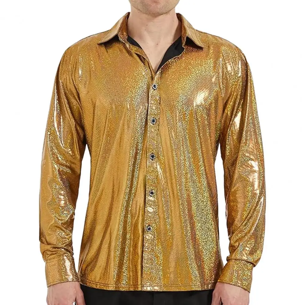 

Men Shiny Shirt Turn-down Collar Single-breasted Long Sleeves Loose Party Nightclub Dance Streetwear Top