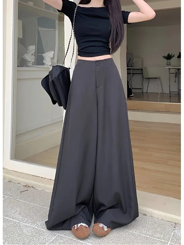 

High Waist Loose Fit Grey Wide Leg Suit Pants Casual Trousers Women's Spring Fashion Commute Style Elegant Drapey Floor-Length