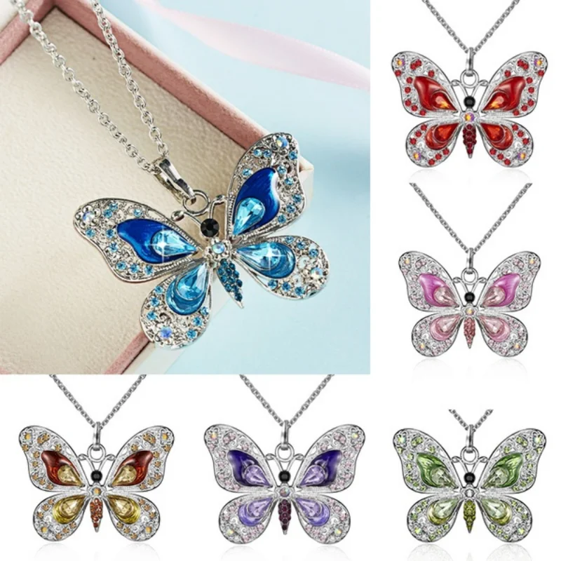 Vintage Butterfly Necklace for Women Zircon Color Animal Shape European and American Style Jewelry Pendant Long Chain Necklace