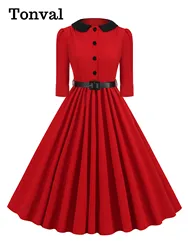 Tonval Peter Pan Collar 1950s Vintage Red Dress bottoni davanti mezza manica vestiti autunnali per le donne abiti Midi pieghettati con cintura