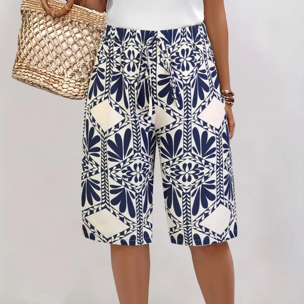 Women Summer Floral Print Tie Waist Bermuda Shorts Casual Loose Fit Elastic Waist Flowy Breathable Soft Flattering Beach