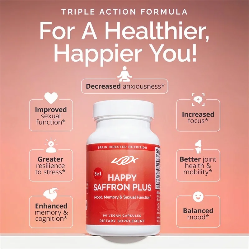 Happy Saffron Plus - Saffron Flower Extract, Curcumin, Zinc Support Positive Mood Increase Memory,Focus & Clean Blood Vessels