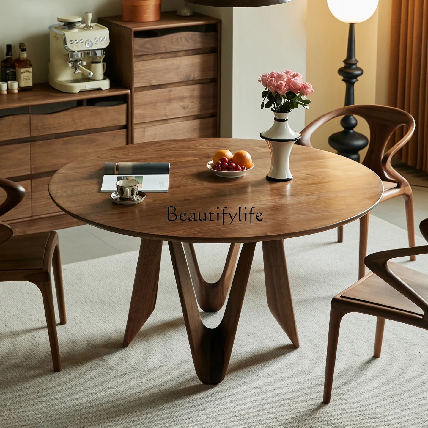 

North American black walnut round table Modern solid wood round dining table Nordic simplicity