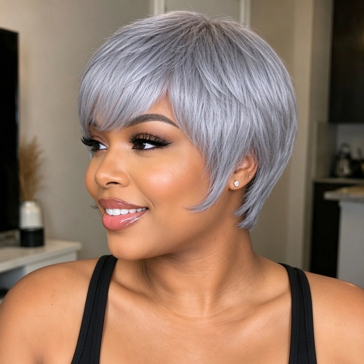 Silver Gray Pixie Cut Wig With Bangs For Women Short Layered Synthetic Wig Heat Resistant Fiber Natural Looking Daily Party Full