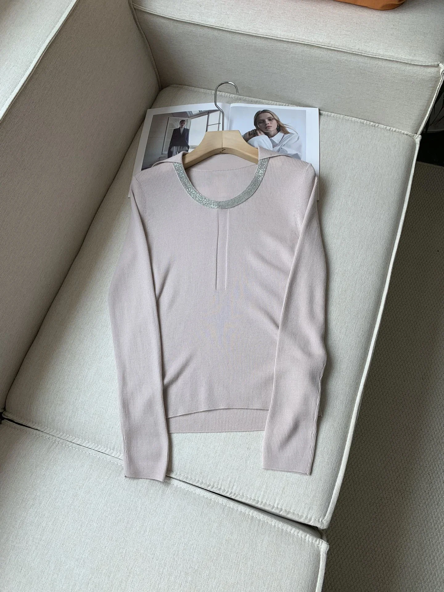 Pull en laine à manches longues et col JOU pour femme, pull perlé pour femme, décontracté, automne