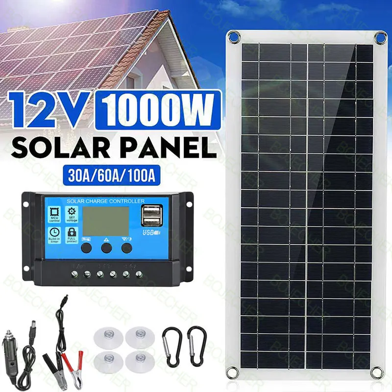 1000W Solar Panel 12V Solar Cell With 30A-100A Controller Solar Plate Kit For Phone RV Car Caravan Home Camping Outdoor Battery