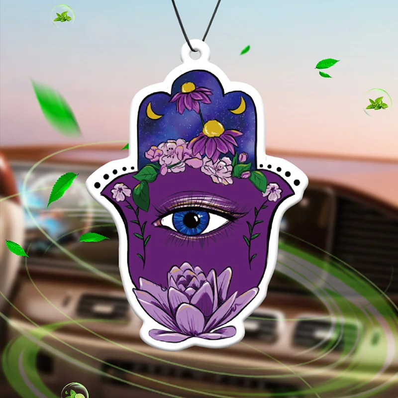 Abstract Hamsa Eye Hilton (Hotel Scent) Car Air Freshener |   Rearview Mirror Hanger & Dual-Purpose Air Vent Clip |   Natural Material Aromatherapy Tablets |   Long-Lasting Fragrance for 90 Days |   Alcohol-Free |   Not Afraid of Direct Exposure to the Sun |   Designed Specifically for Odor Removal in Cars, Closets, and Bathrooms. |   Cartoon Animation Graphics |   Unisex |   Luxury-Grade Fragrance