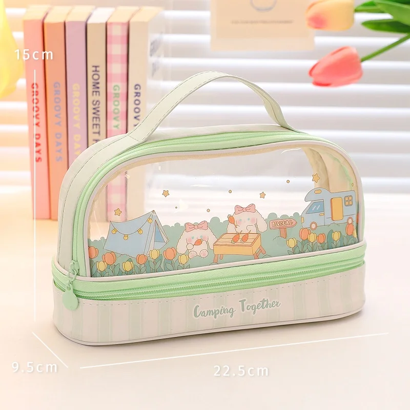 Kawaii Pencil Case Double Layer Large Capacity Pen Bag Cartoon Portable Box School Student Supplies Stationary Organizer