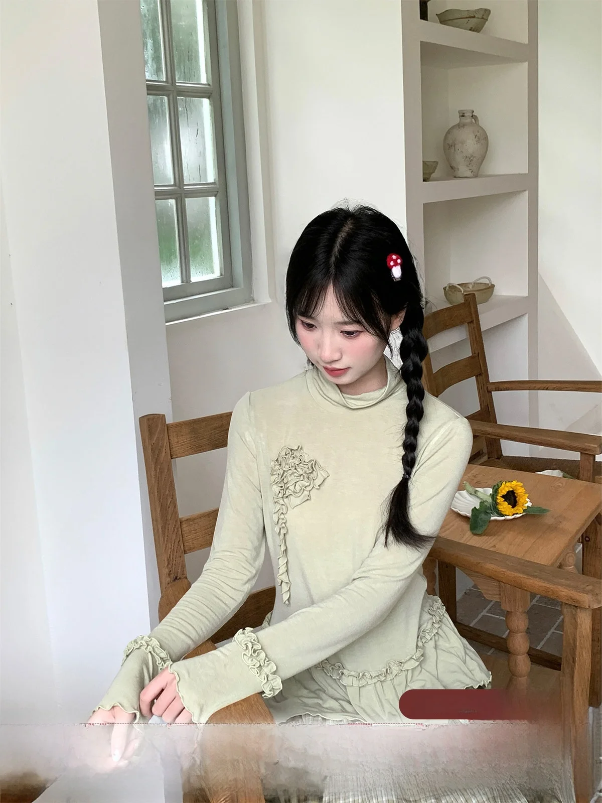 

Женский осенний повседневный топ с высоким воротником и длинными рукавами, облегающий, с милым дизайном, в стиле Муха, цвета деревянного чая