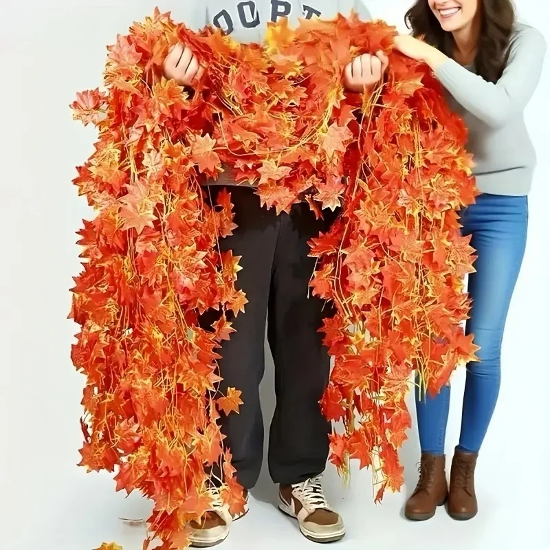 أوراق القيقب الاصطناعية سلسلة نباتات إكليل أوراق القيقب حديقة عيد الميلاد داخلي لحفل زفاف ديكور المنزل الخريف