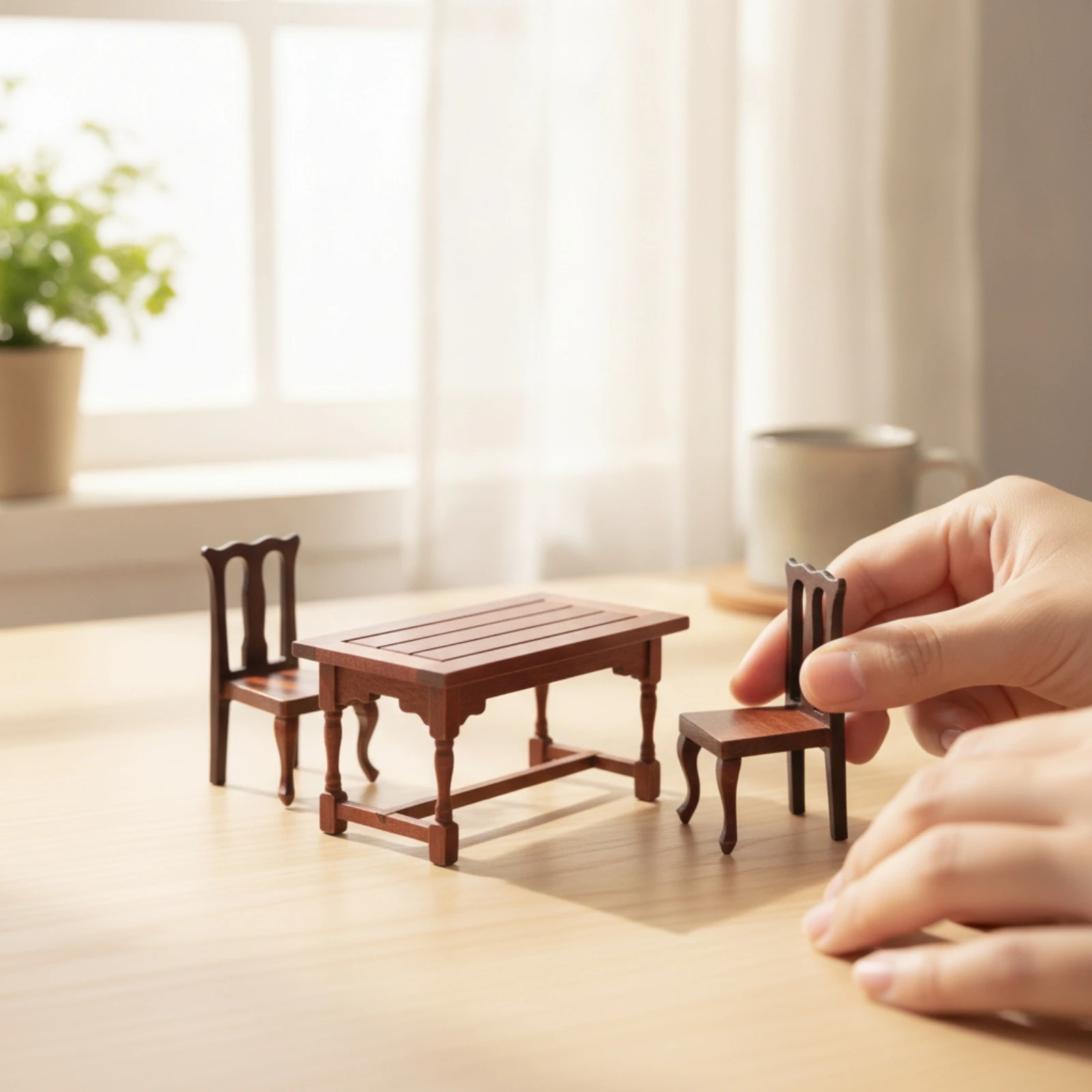 3 Pieces Dollhouse Tea Table with Chairs Traditional Style Dollhouse Table and Chairs Miniature Dining Set Decorative