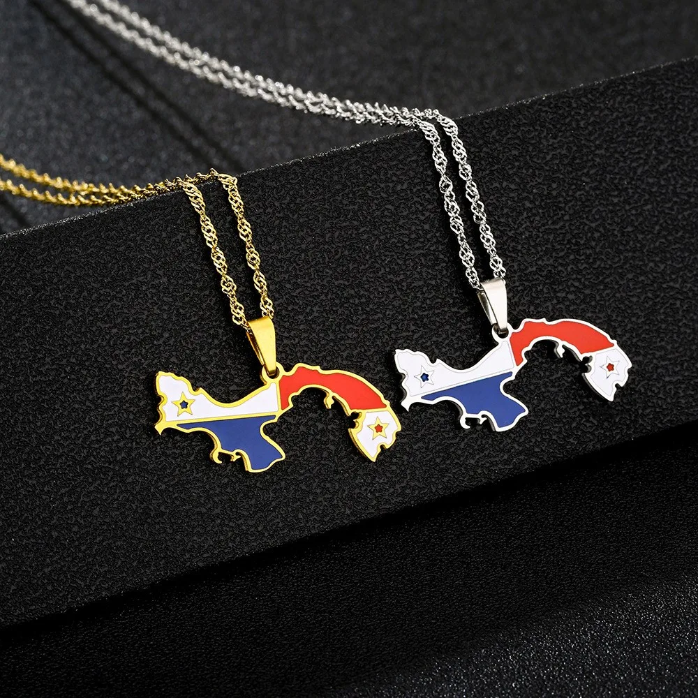 Enamel Panama Map Flag Pendant Necklace Minimal Luxury Non Tarnish Stainless Steel For Men Women Patriotic Trendy Jewelry Gift