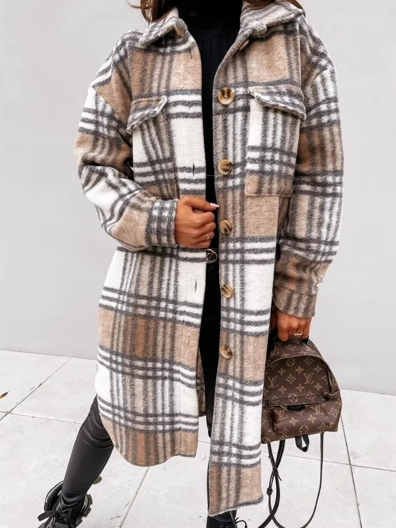 Autumn &winter Fashion Button Style Coat Checkered Printed Long Sleeved Shirt Jacket Elegant Comfortable Commuting Streetwear