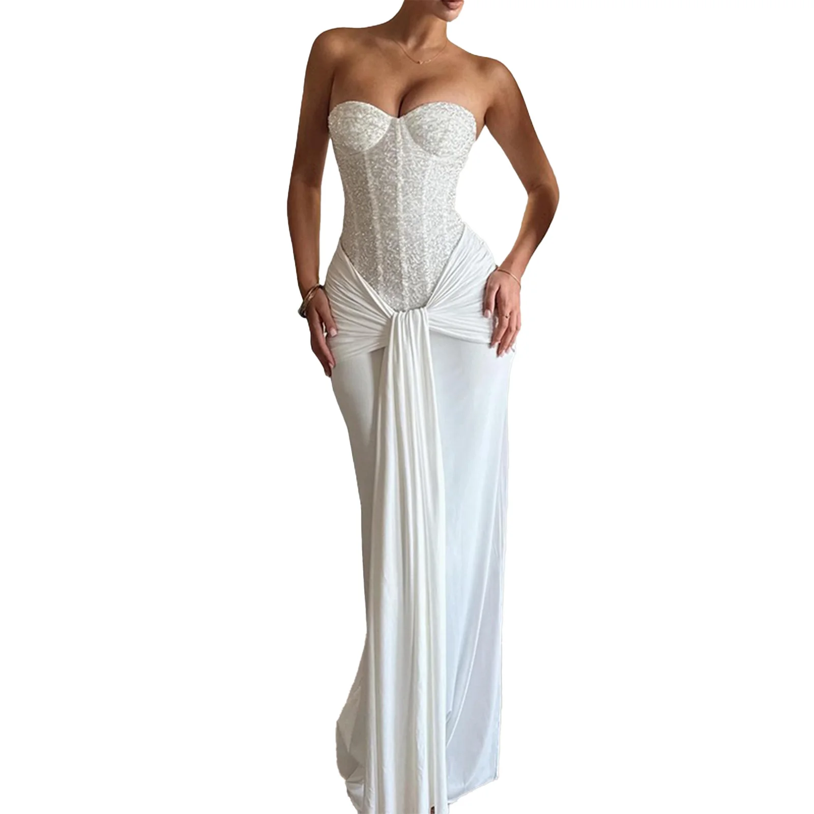 فساتين سهرة نسائية مثيرة بدون حمالات مع خصر محكم وأشرطة متدفقة، فستان كوكتيل طويل من قماش الجاكار #4