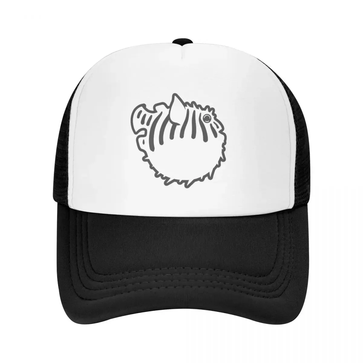 Puffed up pufferfish, stylized art for fish lovers in grey ink Baseball Cap Sunscreen cute Man Women's