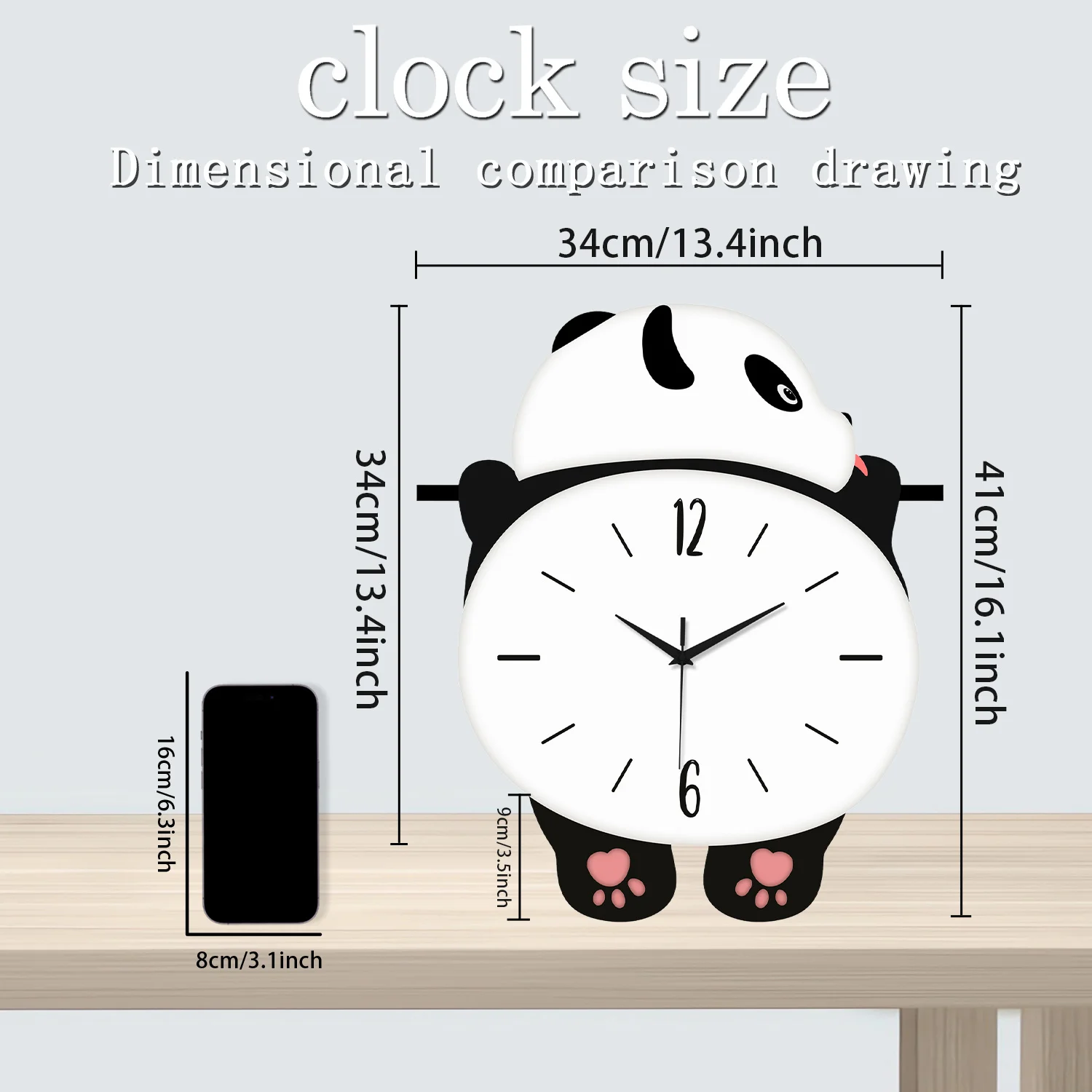 A Modern Cute Wooden Panda Silhouette Clock with Pink Paws, Large Swinging Wall Clock, Battery-Powered Silent Swinging Clock for Living Room, Bedroom, Home, Kitchen, Aesthetic Room Decoration, Unique Gift (Battery Not Included) - view 3