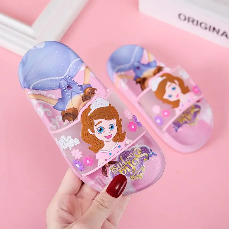 Disney Children\'s Slippers Summer Girls Indoor Anti-skid Soft Bottom Cartoon Baby Girls Boy Fashion Pink Blue Shoes Size 24-37