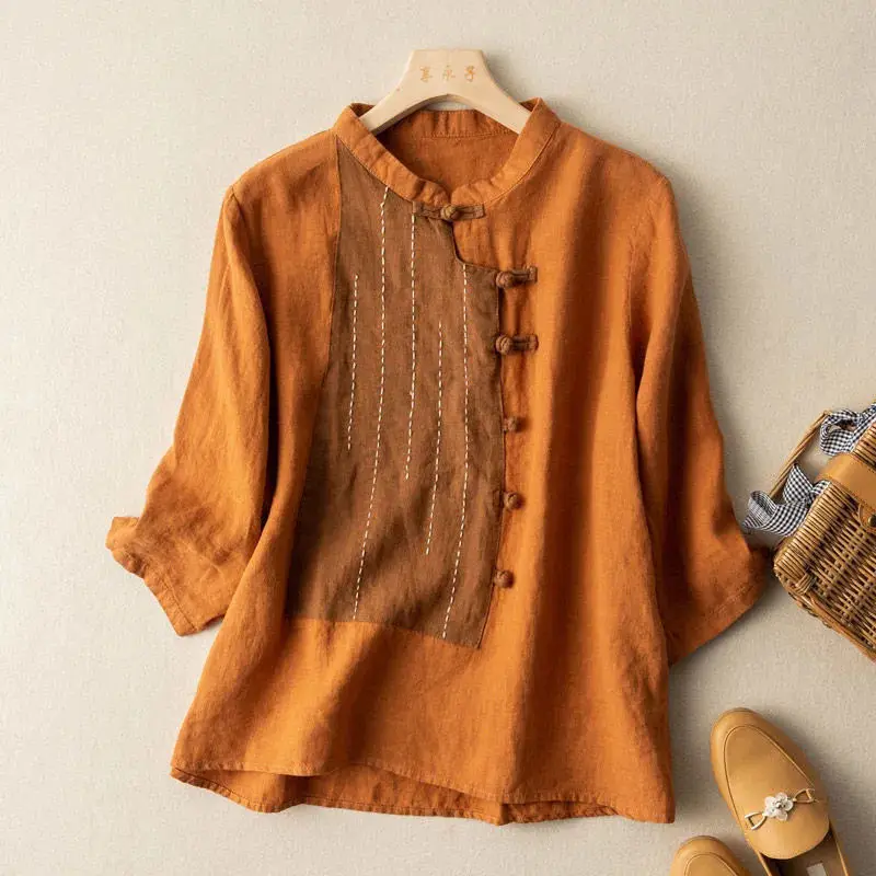 Vintage Ethnic Style Patchwork Loose Cotton Linen Shirt for Women Simple Three Quarter Sleeve Ladies Blouses Tops Clothes 2023