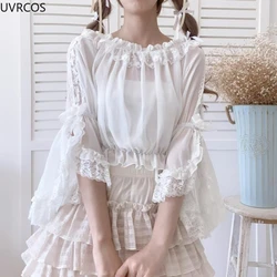 Japanese Lolita Style Women Princess Blouse Cross Slash Neck White Black Apricot Sweet JSK Shirt Flare Sleeve Lace Ruffles Tops