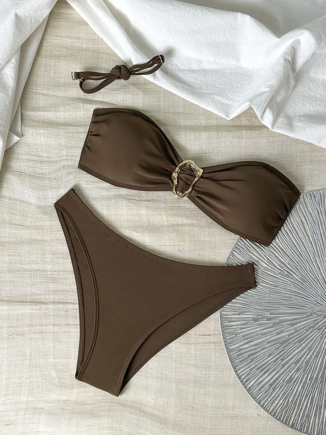 

Women's Sexy Bikini Set with Removable Straps & Metal Rings, Plain Design Swimwear for Women, Perfect for Beach & Pool