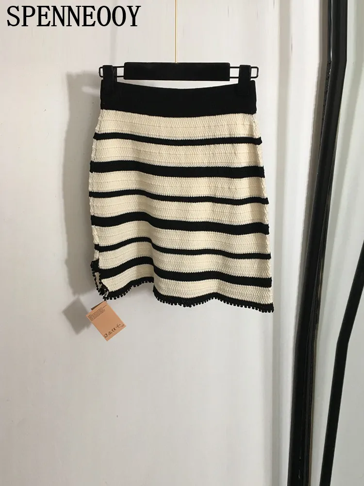 SPENNEOOY Fashion Runway Summer Striped Knitting Mini Skirt Suit Women\'s Ultrashort Slim Underwear + Elastic Waist Short Skirt