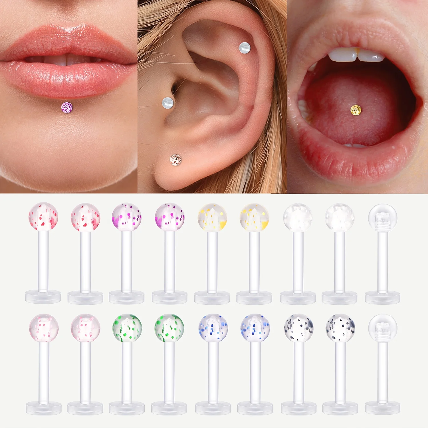 18pcs Set Colorful Sequin Ball Plastic Tongue Studs Lip Pins Earrings Ear Hooks, Multicolor Y2K Hip-Hop Party Campus Sequins