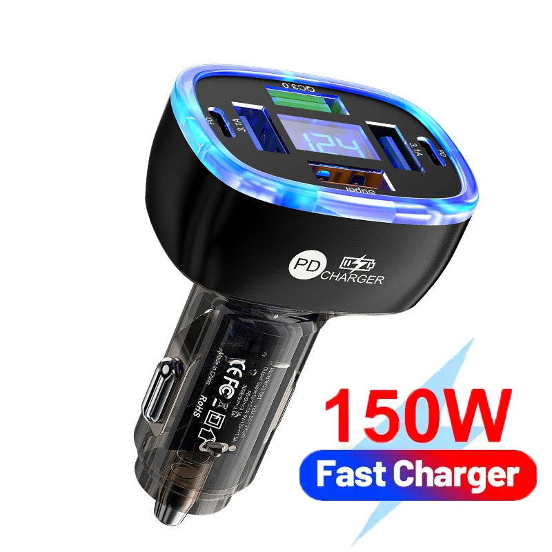 150W USB C Car Charger 6 Ports Fast Charging Car Phone Charger For iPhone Samsung Xiaomi Quick Charge 3.0 Type C Charger In Car