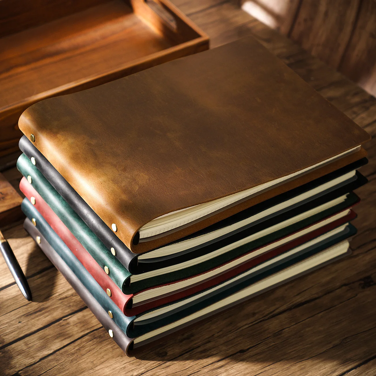 A4 Genuine Cowhide Leather Binder Notebook, 6 Hole Ring Journal with 80 Sheets of 100gsm Blank Paper, Vintage Handmade