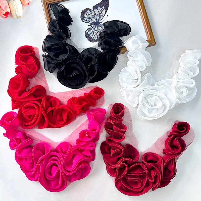 Evening Dress 3D Pleated Flower Lace Patch Handmade Clothing Collar Patch Fashion Clothing Appliques Sewing Accessories