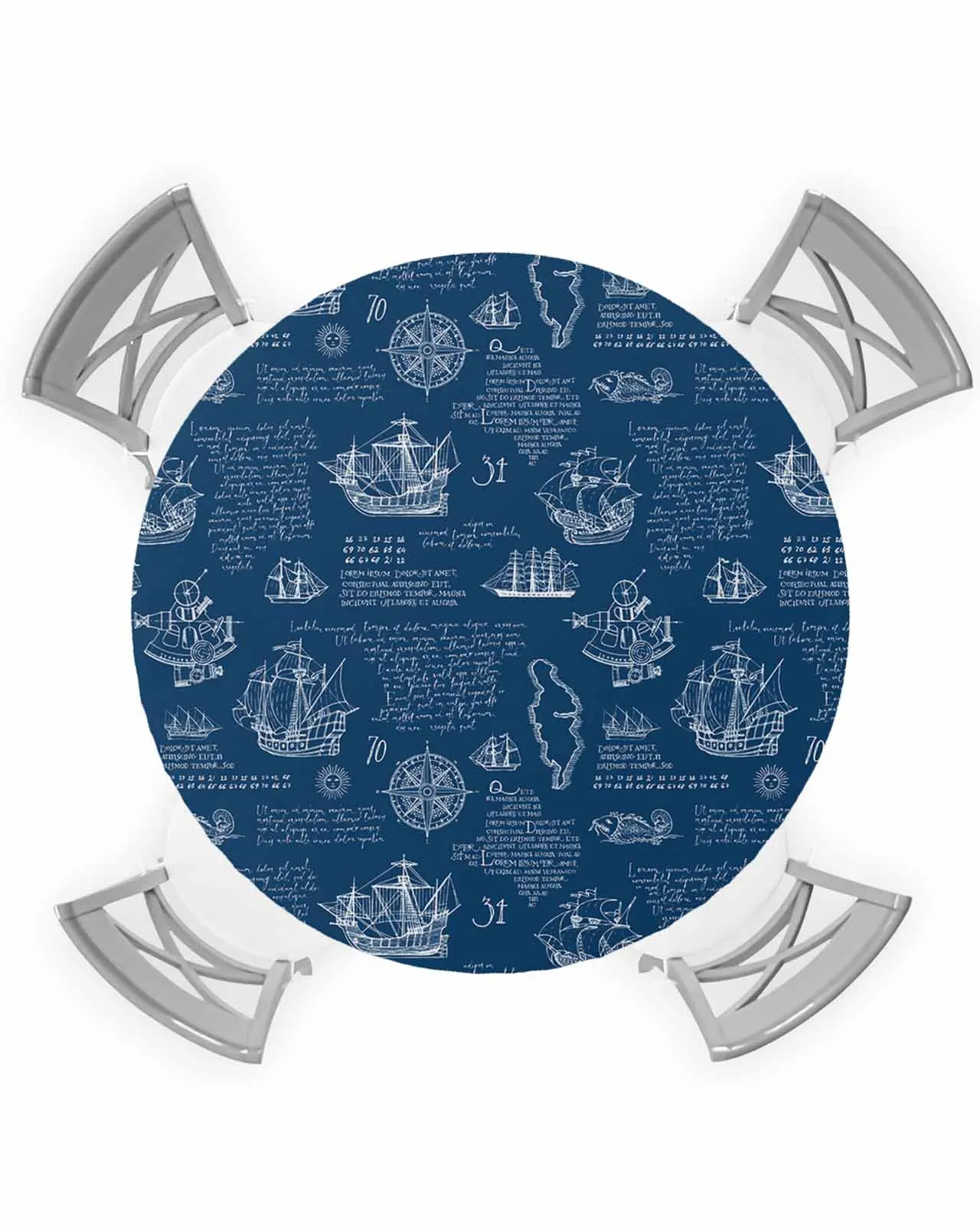 Navigation Ships Hand Drawn Round Elastic Edged Table Cover Protector Cloth Waterproof Fitted Tablecloth