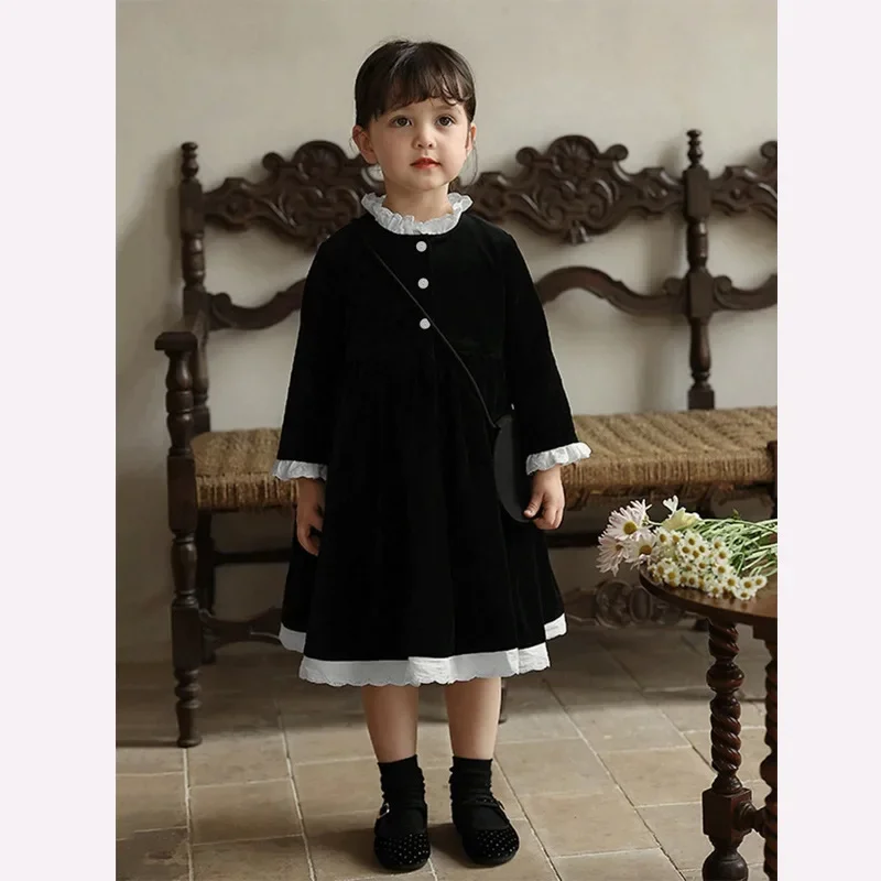 

2024 Girls Autumn Dress for Kid Princess Lace Black Dresses Infant Girl Baptism & Christening Clothes Children Loose Frocks 4-9y