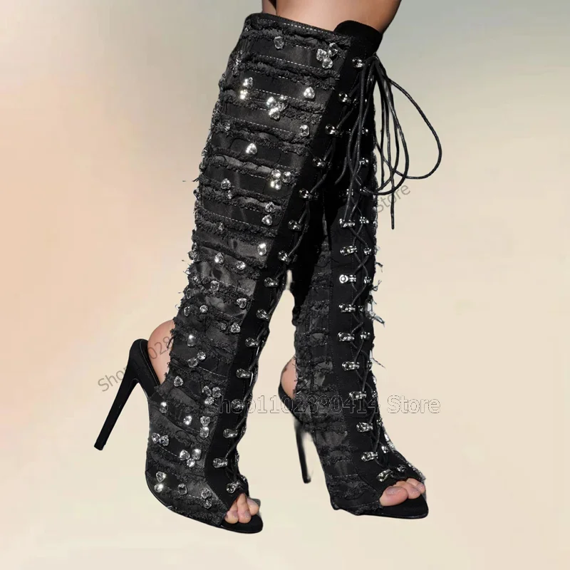 Rose Rot Kristall Dekor Peep Toe Cut Ferse Riemchen Stiefel Seite Zipper Frauen Schuhe Dünne High Heels Mode 2023 Zapatos para Mujere