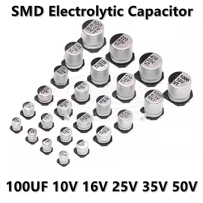 (20pcs) 100UF 10V 16V 25V 35V 50V 63V 100V  5*5.4MM 6.3*5.4MM 6.3*7.7MM 8*10.5MM SMD Electrolytic Capacitor