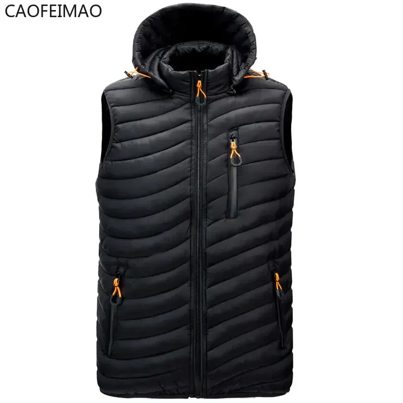 2025 Men Sleeveless Down Vests Solid Hooded Vest Jackets Hot Fashion Male Winter Casual Pockets Waistcoat Windproof Jacket